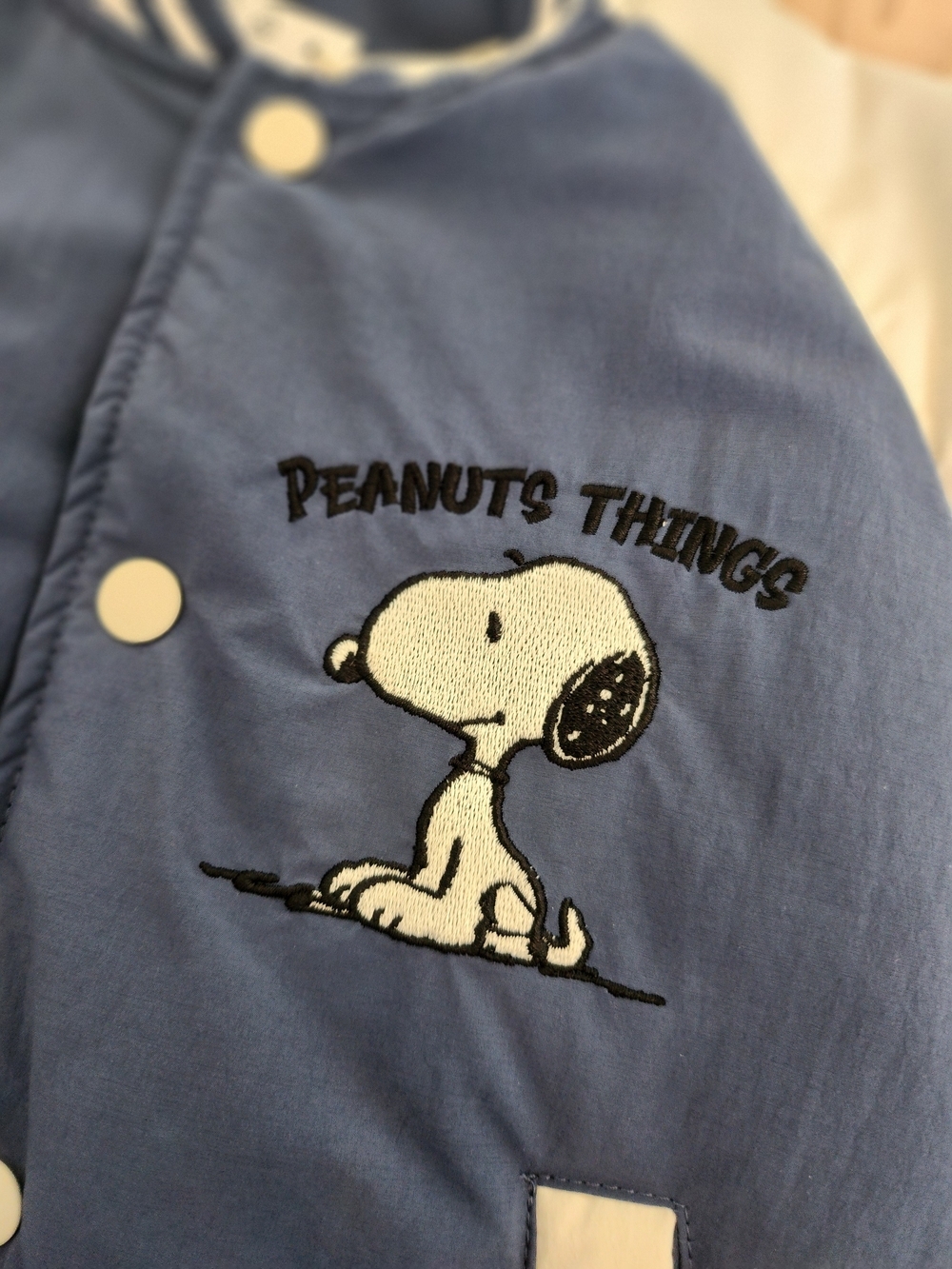 Zara Navy & Cream Peanuts Snoopy Insulated Varsity Jacket, Size 4 - Picture 3 of 5